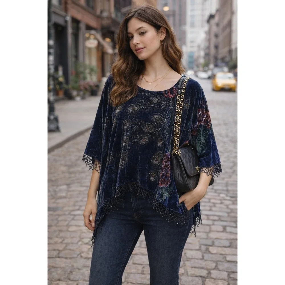 Vtg Ania A Peacock Velvet Beaded Boho Top‎ OS Festival Artwear Handkerchief Hem